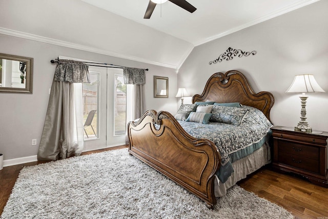 2724 Crooked Stick Dr, Benton, AR 72015 - bedroom with dark wood finished floors, crown molding, lofted ceiling, ceiling fan, and baseboards