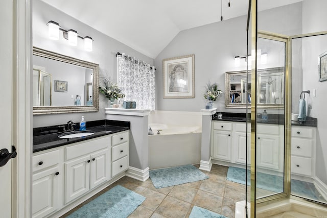 2724 Crooked Stick Dr, Benton, AR 72015 - full bathroom featuring lofted ceiling, vanity, a bath, and a shower stall