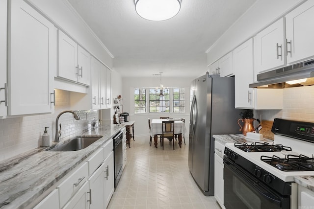 kitchen featuring gas stove, a sink, under cabinet range hood, dishwasher, and white cabinetry