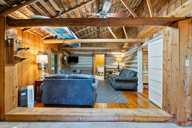 112 Fairchild Pt, Hot Springs, AR 71901 - living room featuring wood-type flooring, ceiling fan, rustic walls, and wooden walls