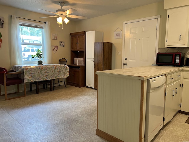 3605 W Overland Cir, Harrison, AR 72601 - kitchen featuring white dishwasher, a ceiling fan, white cabinetry, light countertops, and a peninsula