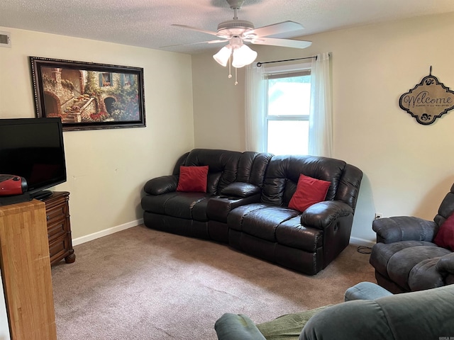 3605 W Overland Cir, Harrison, AR 72601 - living room featuring carpet, a ceiling fan, a textured ceiling, and baseboards