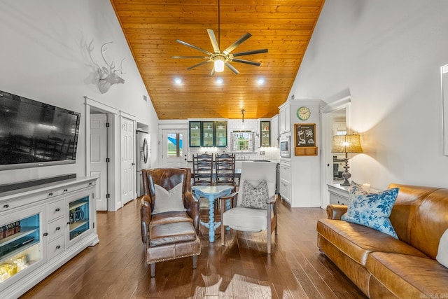 271 Austin Loop, El Paso, AR 72045 - living room with wooden ceiling, ceiling fan, high vaulted ceiling, and dark wood-style flooring