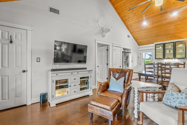 271 Austin Loop, El Paso, AR 72045 - sitting room featuring wooden ceiling, ceiling fan, high vaulted ceiling, hardwood / wood-style floors, and baseboards