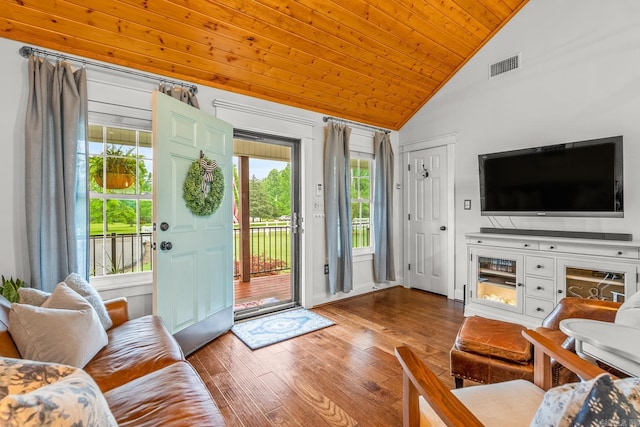 271 Austin Loop, El Paso, AR 72045 - living area featuring hardwood / wood-style floors, wooden ceiling, and high vaulted ceiling