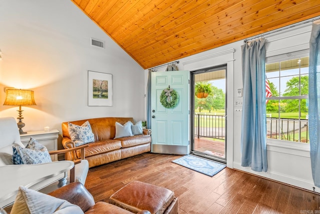 271 Austin Loop, El Paso, AR 72045 - living room featuring wood finished floors, wooden ceiling, baseboards, and high vaulted ceiling