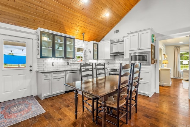 271 Austin Loop, El Paso, AR 72045 - kitchen featuring appliances with stainless steel finishes, backsplash, wooden ceiling, glass insert cabinets, and dark wood finished floors