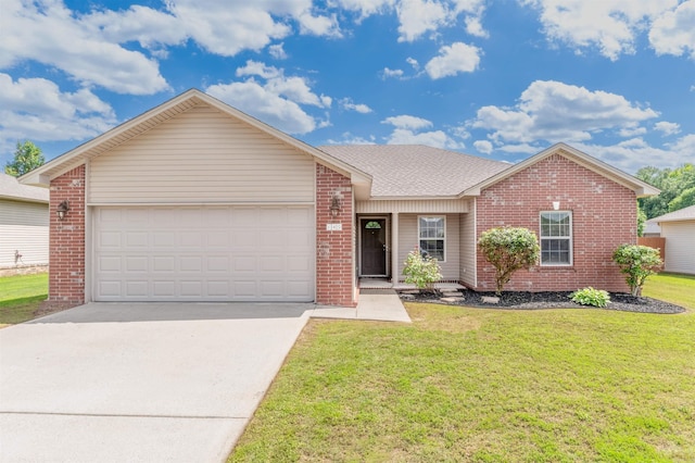 single story home with brick siding, driveway, an attached garage, a front yard, and roof with shingles
