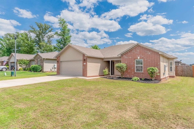 ranch-style home featuring brick siding, concrete driveway, and a garage