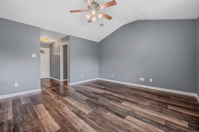 bonus room with ceiling fan, dark wood-style flooring, lofted ceiling, and baseboards
