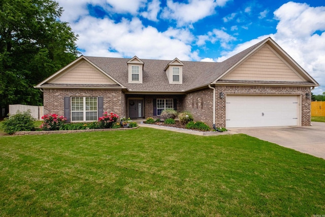 view of front facade featuring brick siding, driveway, a garage, and a shingled roof