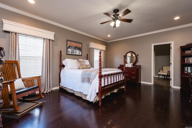 bedroom with baseboards, wood finished floors, ornamental molding, recessed lighting, and a ceiling fan