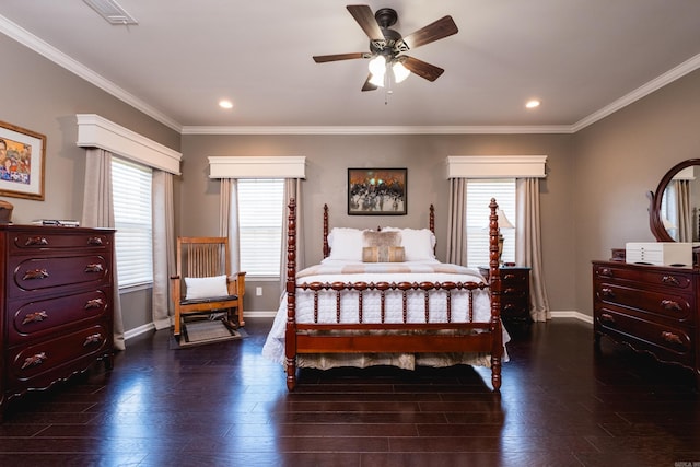 bedroom featuring baseboards, multiple windows, dark wood-style floors, crown molding, and recessed lighting