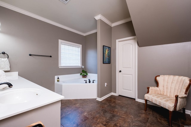full bathroom featuring crown molding, a bath, baseboards, and double vanity