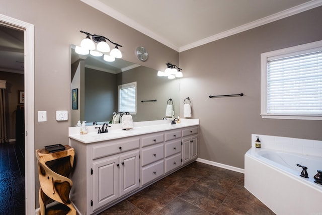 full bathroom featuring ornamental molding, baseboards, double vanity, a garden tub, and stone finish flooring