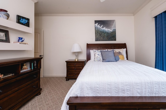 bedroom with light carpet, ornamental molding, and baseboards