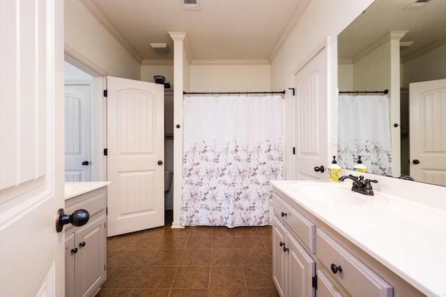 full bathroom featuring ornamental molding, vanity, tile patterned flooring, and curtained shower