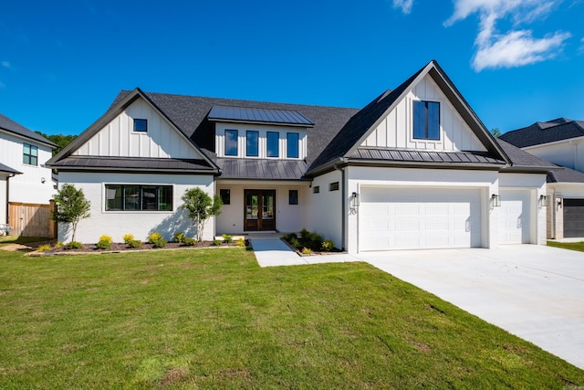20 Abington Ct, Little Rock, AR 72223 - modern farmhouse with a standing seam roof, board and batten siding, concrete driveway, french doors, and a garage