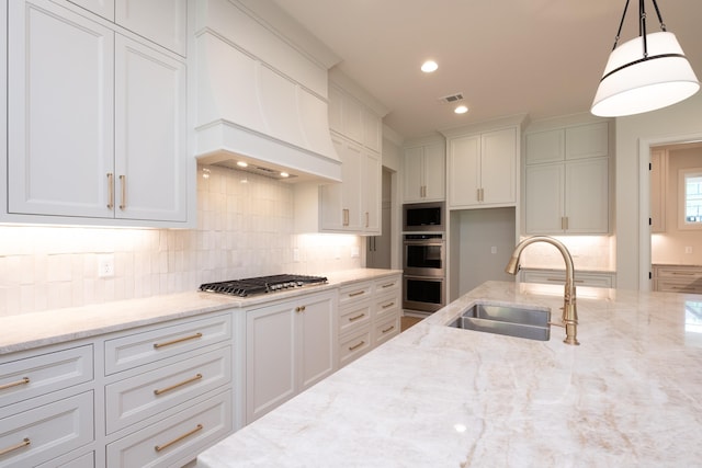 20 Abington Ct, Little Rock, AR 72223 - kitchen featuring a sink, stainless steel appliances, backsplash, custom range hood, and recessed lighting