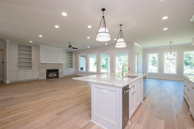 20 Abington Ct, Little Rock, AR 72223 - kitchen with a sink, ornamental molding, ceiling fan, white cabinetry, and light wood finished floors