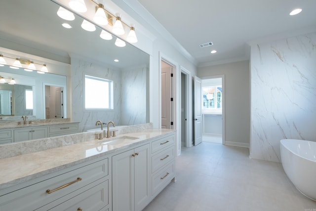 20 Abington Ct, Little Rock, AR 72223 - full bathroom featuring plenty of natural light, a soaking tub, vanity, ornamental molding, and recessed lighting