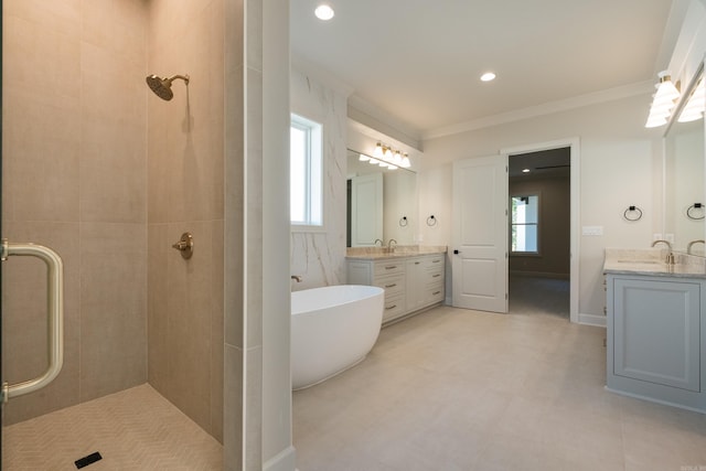 20 Abington Ct, Little Rock, AR 72223 - bathroom with a stall shower, healthy amount of natural light, a freestanding tub, crown molding, and recessed lighting