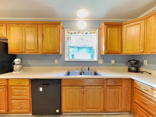 kitchen featuring black dishwasher, a sink, light countertops, crown molding, and a textured ceiling