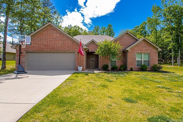 view of front of house with an attached garage, a front lawn, concrete driveway, and brick siding