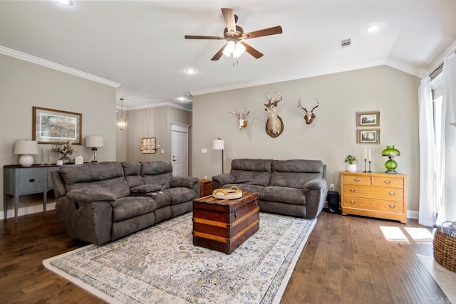 living room featuring ceiling fan, wood finished floors, recessed lighting, crown molding, and baseboards