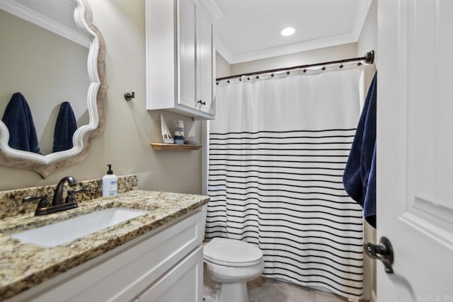 bathroom with toilet, ornamental molding, vanity, and a shower with shower curtain