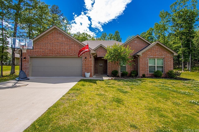 view of front facade with a garage, concrete driveway, a front yard, and brick siding
