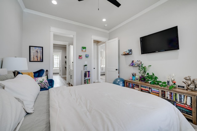 bedroom with ornamental molding, recessed lighting, ceiling fan, wood finished floors, and baseboards