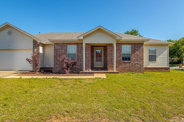 single story home with brick siding, a garage, a front yard, driveway, and a shingled roof