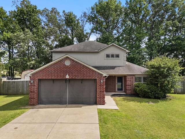 traditional home featuring a shingled roof, brick siding, a garage, and concrete driveway