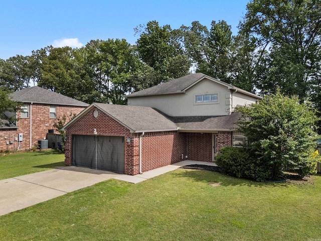 traditional-style home with a front lawn, roof with shingles, a garage, brick siding, and driveway