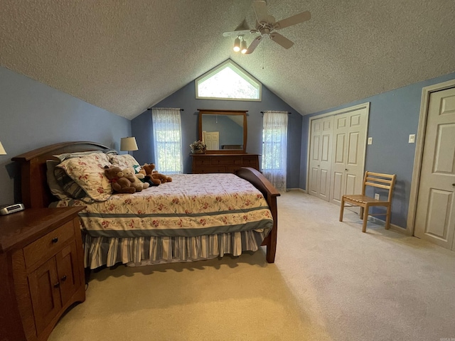 1502 Quail Creek Dr, Conway, AR 72032 - bedroom featuring a textured ceiling, light colored carpet, a ceiling fan, vaulted ceiling, and a closet