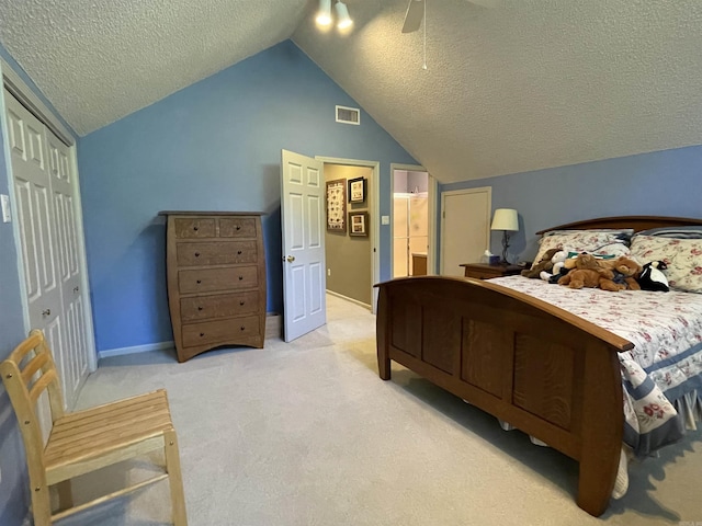 1502 Quail Creek Dr, Conway, AR 72032 - bedroom featuring vaulted ceiling, a textured ceiling, baseboards, light colored carpet, and a ceiling fan