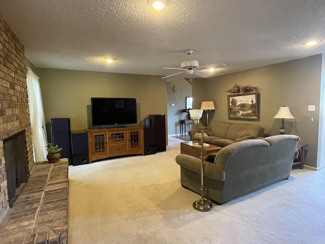 1502 Quail Creek Dr, Conway, AR 72032 - living room featuring a textured ceiling, carpet flooring, a ceiling fan, and a brick fireplace