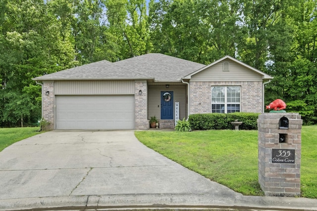 view of front of property with brick siding, a front yard, concrete driveway, and an attached garage