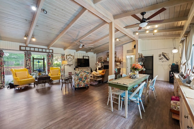 107 W Sunset, Sheridan, AR 72150 - dining space with a ceiling fan, wood finished floors, and wood ceiling