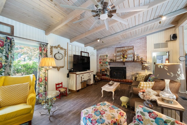 107 W Sunset, Sheridan, AR 72150 - living area with wood finished floors, ceiling fan, a fireplace, and wooden ceiling