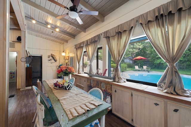 107 W Sunset, Sheridan, AR 72150 - dining room with wood ceiling, dark wood-style flooring, a ceiling fan, and wooden walls