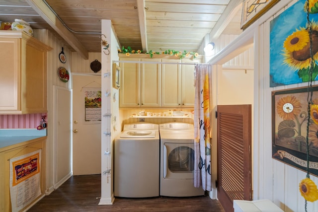 107 W Sunset, Sheridan, AR 72150 - washroom with washing machine and clothes dryer, dark wood-style floors, cabinet space, and wood ceiling