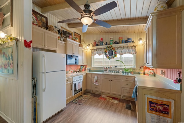 107 W Sunset, Sheridan, AR 72150 - kitchen featuring white appliances, wooden ceiling, light wood-style flooring, light countertops, and ceiling fan