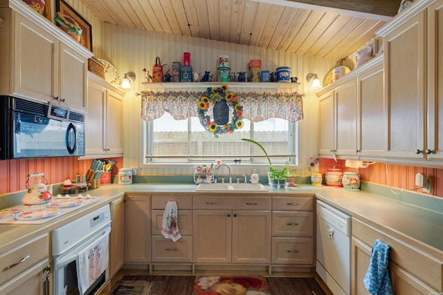 107 W Sunset, Sheridan, AR 72150 - kitchen featuring white appliances, a sink, light countertops, wooden ceiling, and dark wood-style floors