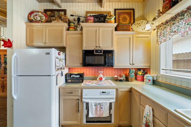 107 W Sunset, Sheridan, AR 72150 - kitchen with white appliances, light countertops, wooden walls, and beamed ceiling