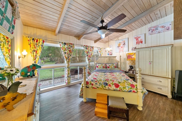 107 W Sunset, Sheridan, AR 72150 - bedroom with wooden ceiling, beam ceiling, dark wood-type flooring, and ceiling fan