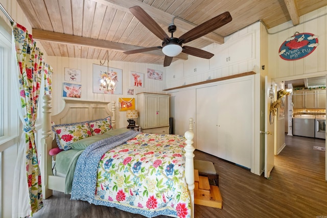 107 W Sunset, Sheridan, AR 72150 - bedroom with wood ceiling, beamed ceiling, wood finished floors, ceiling fan, and a closet