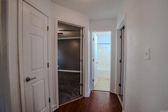 hallway with dark wood-type flooring and a textured wall