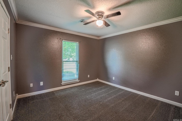 unfurnished room with crown molding, ceiling fan, a textured wall, a textured ceiling, and dark colored carpet